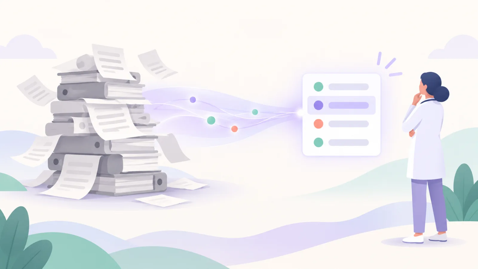 A tall disordered stack of paper resolving into a short, ordered column of findings.